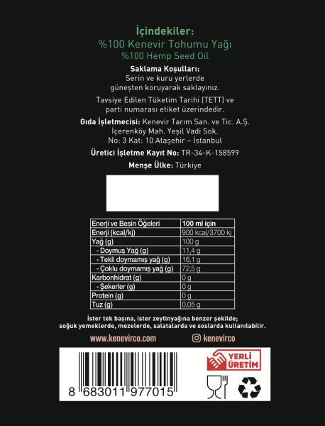 Soğuk Sıkım Kenevir Tohumu Yağı (250ml)